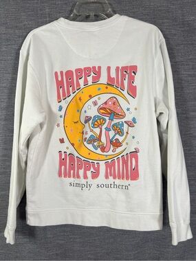 Simply Southern Medium HAPPY LIFE Mushroom Boho Mod Floral White crew sweatshirt